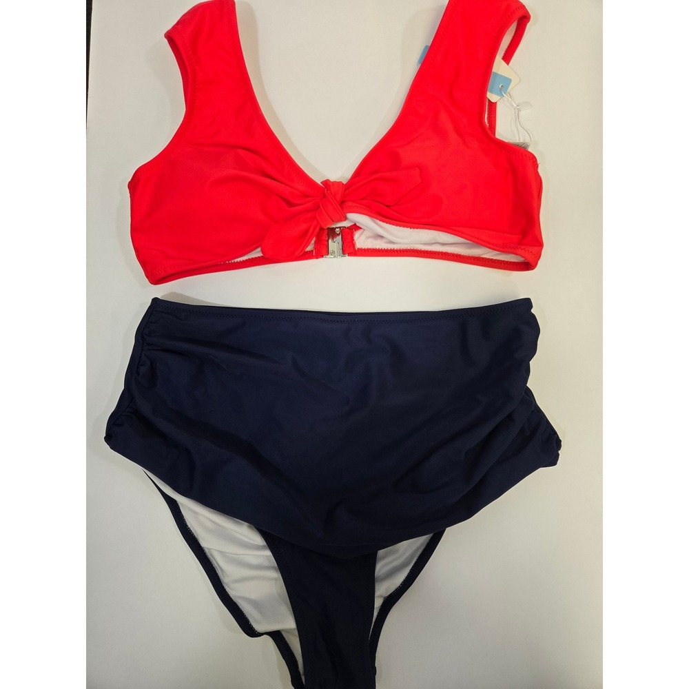 Cupshe Nautical High Waisted Front Tie Bikini Set Red Navy XL
